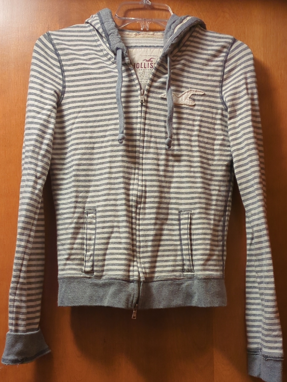 Hollister Gray & Cream Striped Zip Hoodie